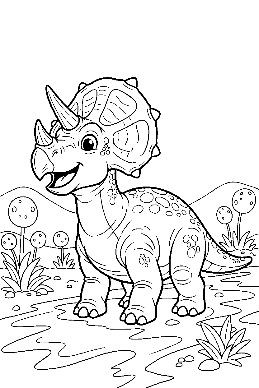 styracosaurus dinosaur posing happily on a muddy trail line art