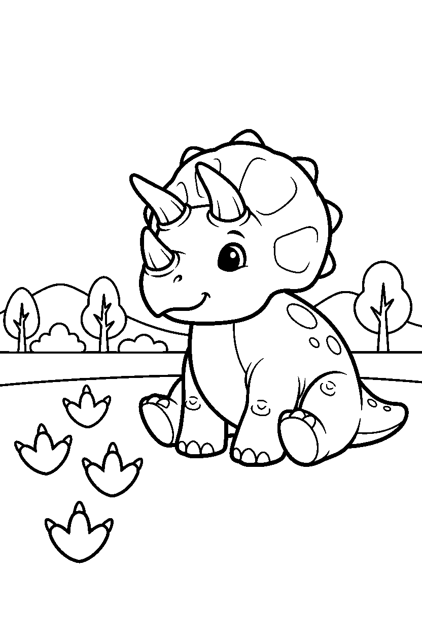 styracosaurus dinosaur sitting calmly near dinosaur footprints line art