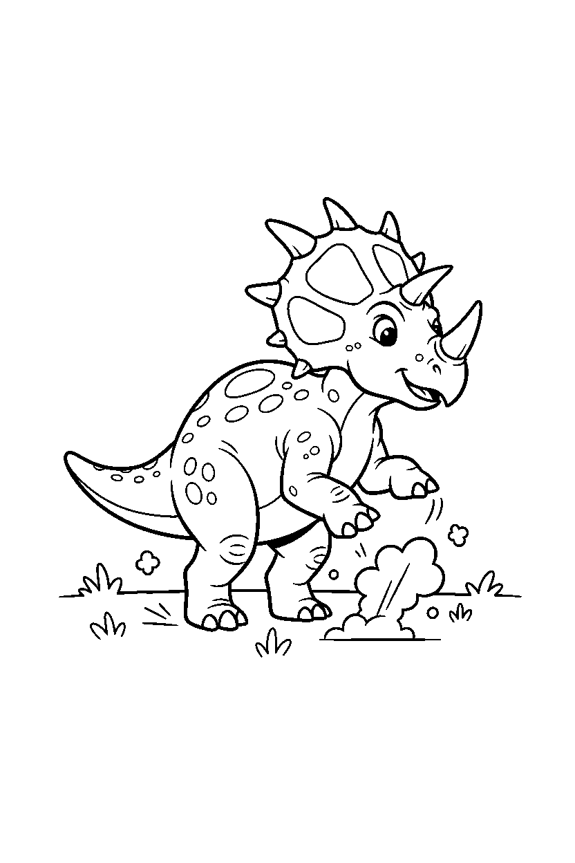 styracosaurus dinosaur stomping playfully on a grassy plain line art