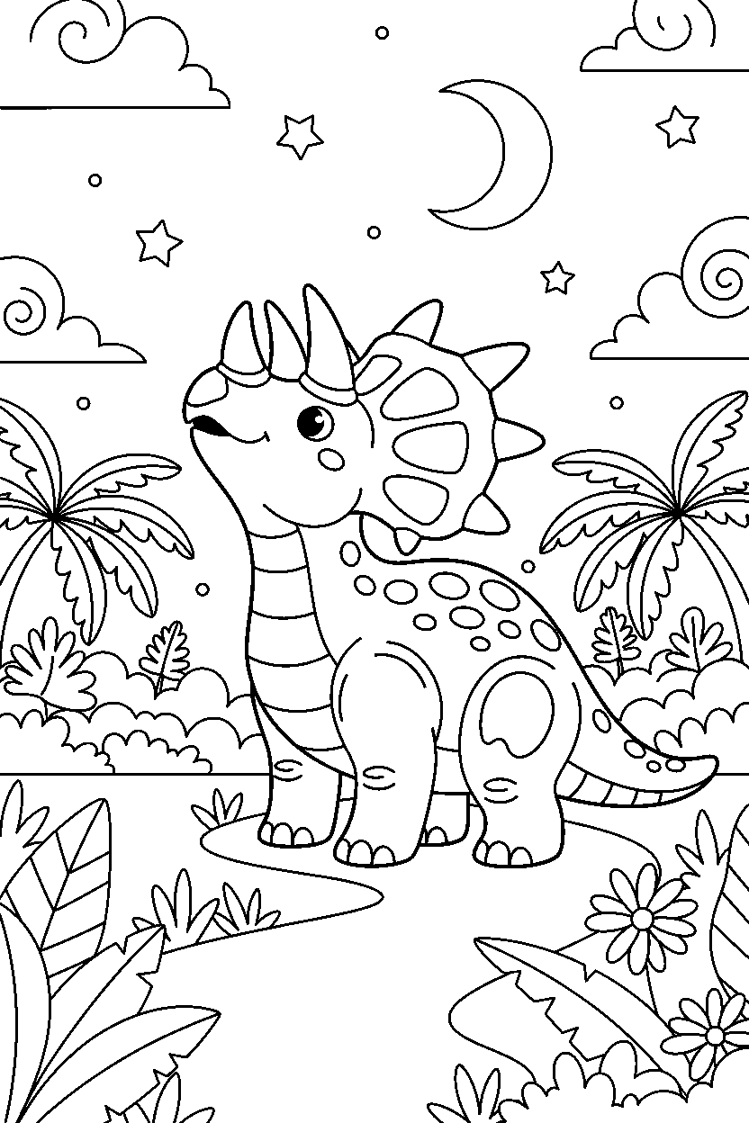 styracosaurus dinosaur watching the sky on a jungle trail line art
