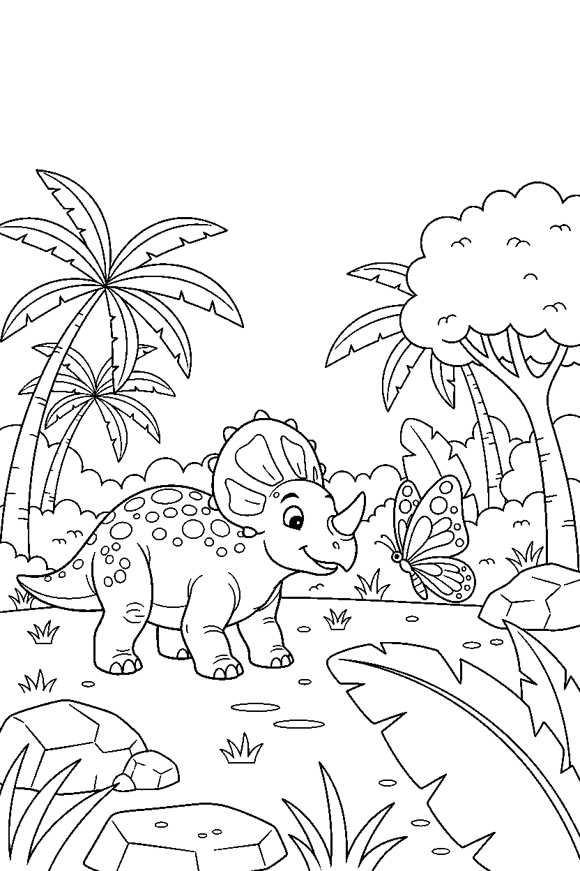 styracosaurus looking at a butterfly near a jungle clearing line art