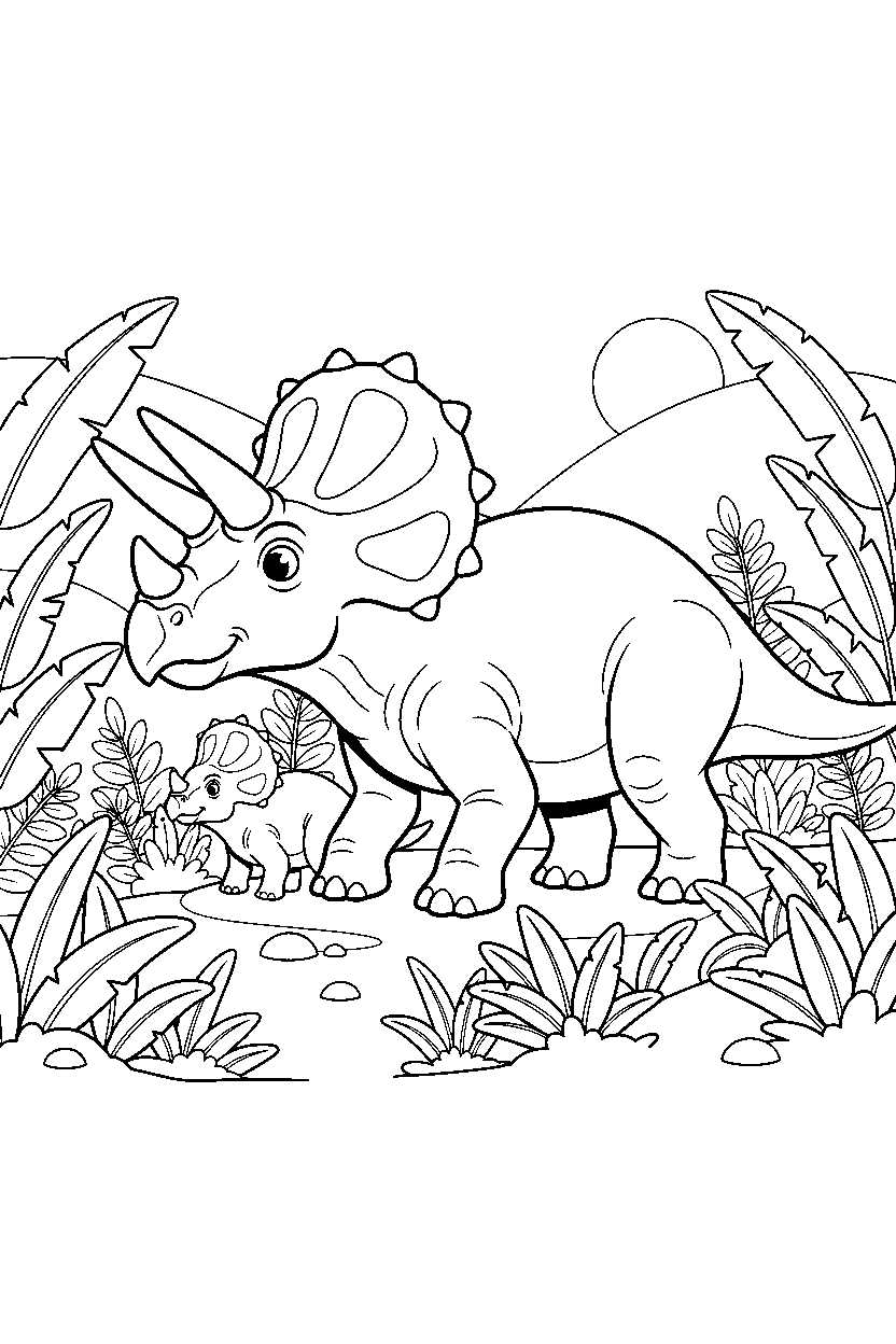 styracosaurus walking with a baby dino inside a fern valley line art