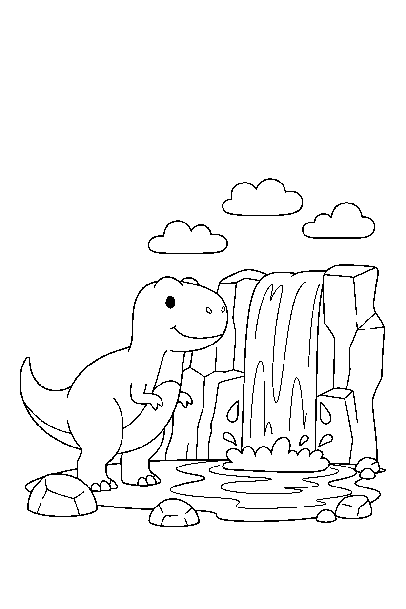 t rex standing calmly near a waterfall line art