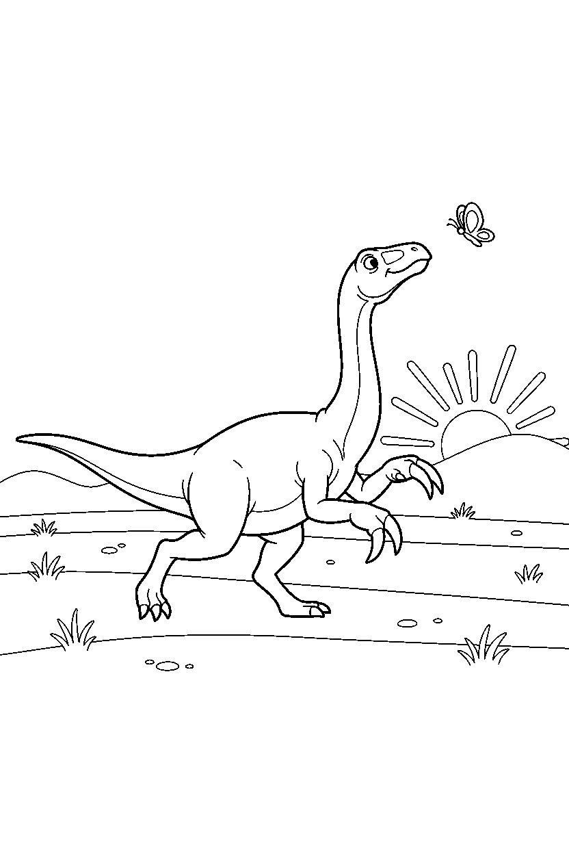 therizinosaurus dinosaur chasing a butterfly on a wide grassland line art