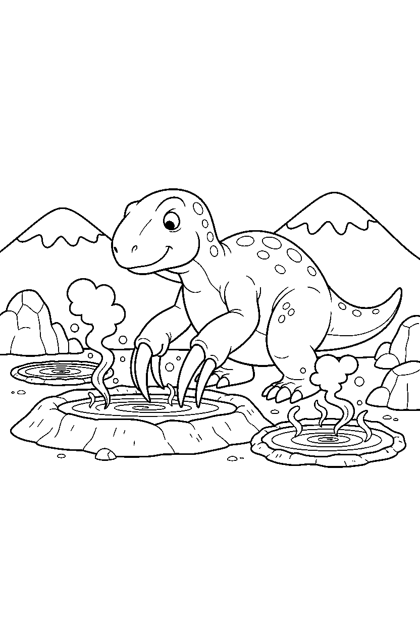 therizinosaurus dinosaur digging the ground near hot springs line art