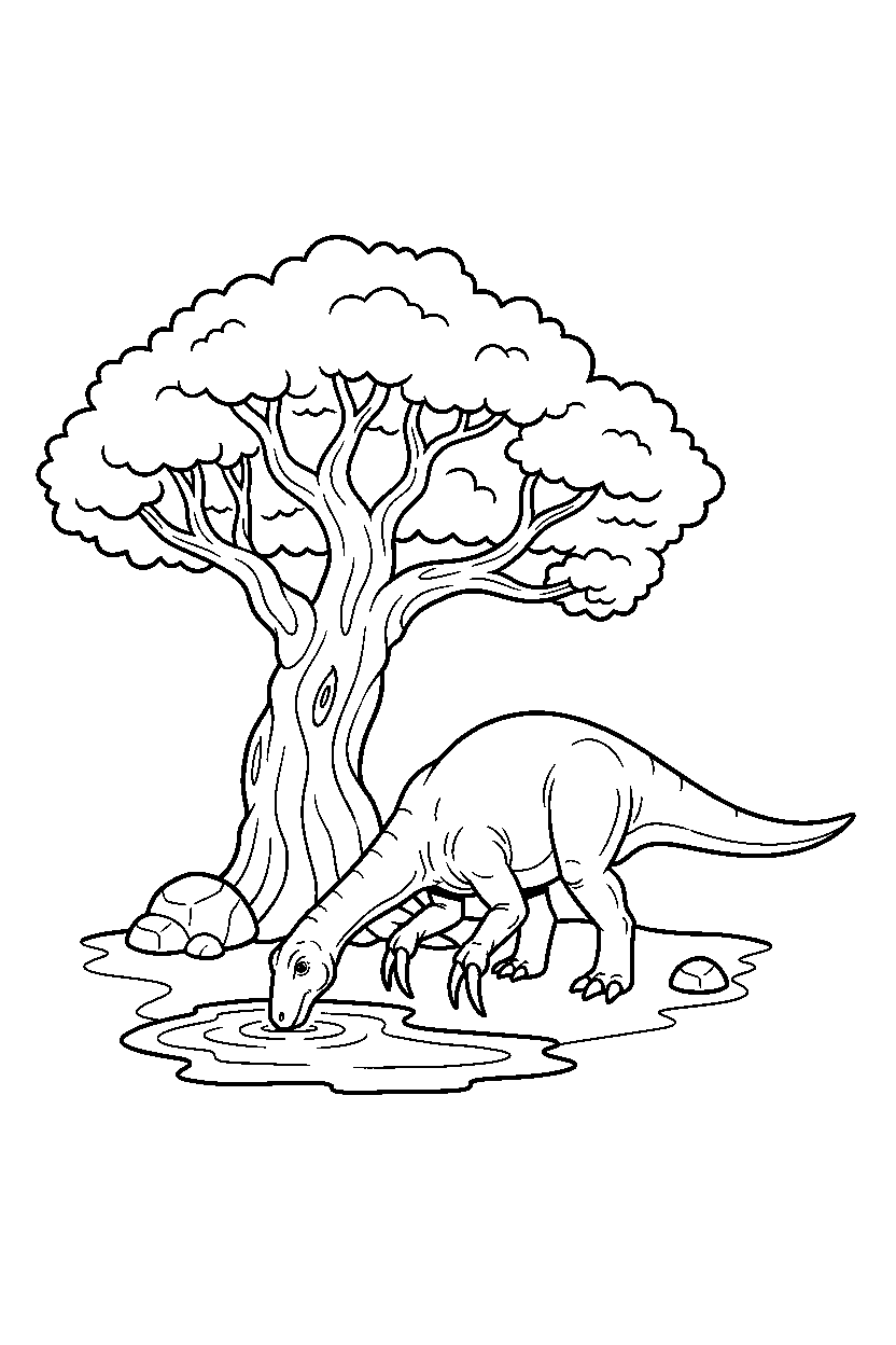 therizinosaurus dinosaur drinking water near a big tree line art