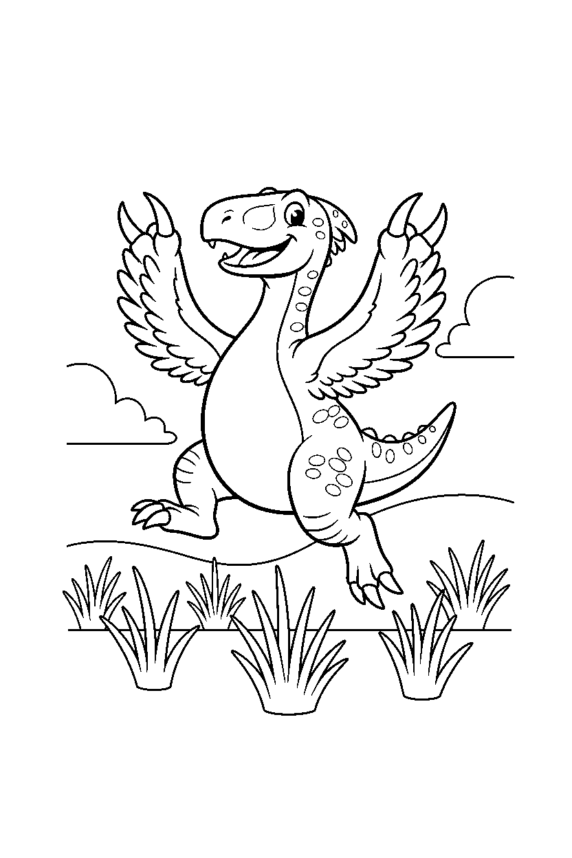 therizinosaurus dinosaur jumping playfully near tall grasses line art