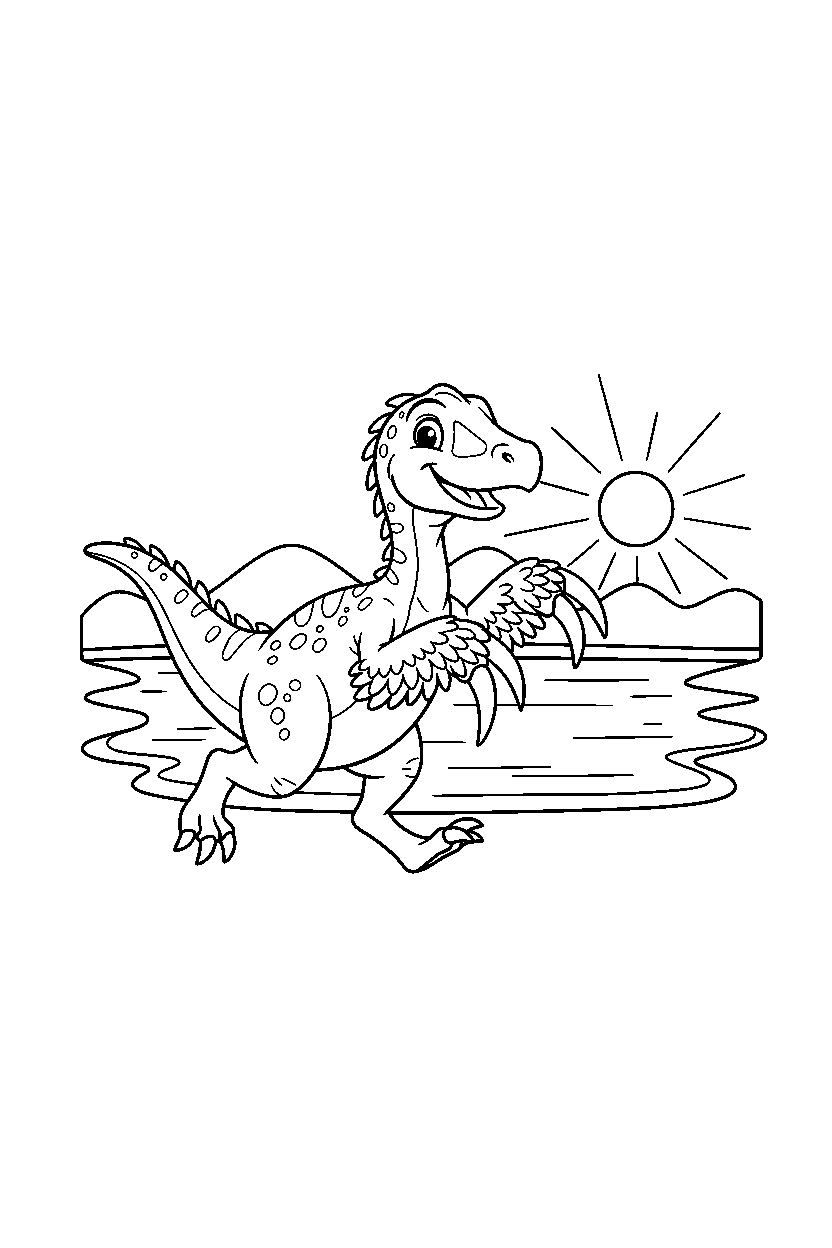 therizinosaurus dinosaur running playfully by a lake line art