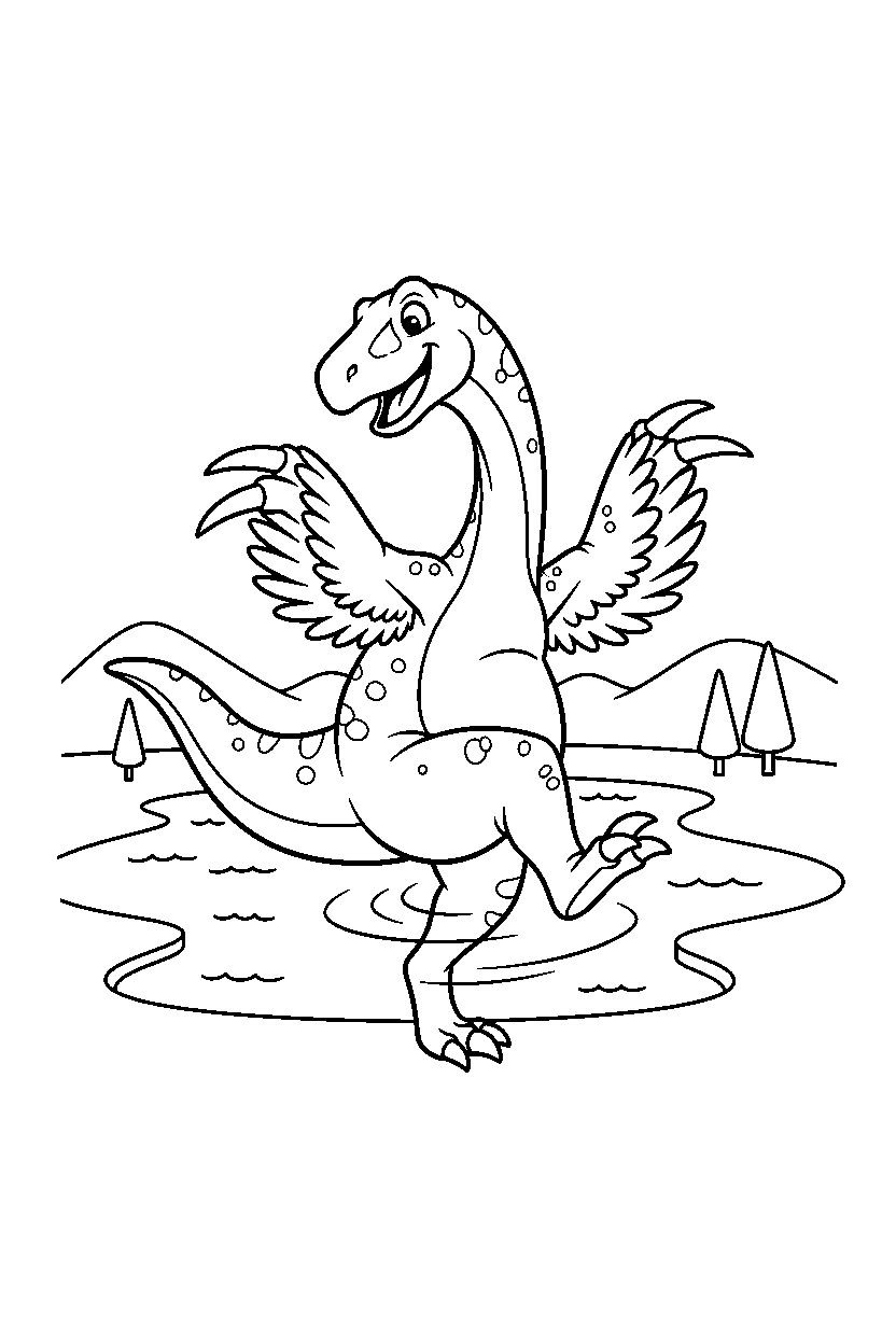 therizinosaurus dinosaur spinning playfully by a lake line art