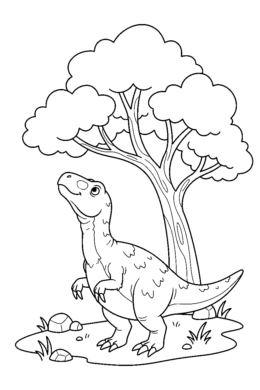 therizinosaurus dinosaur watching the sky near a big tree line art