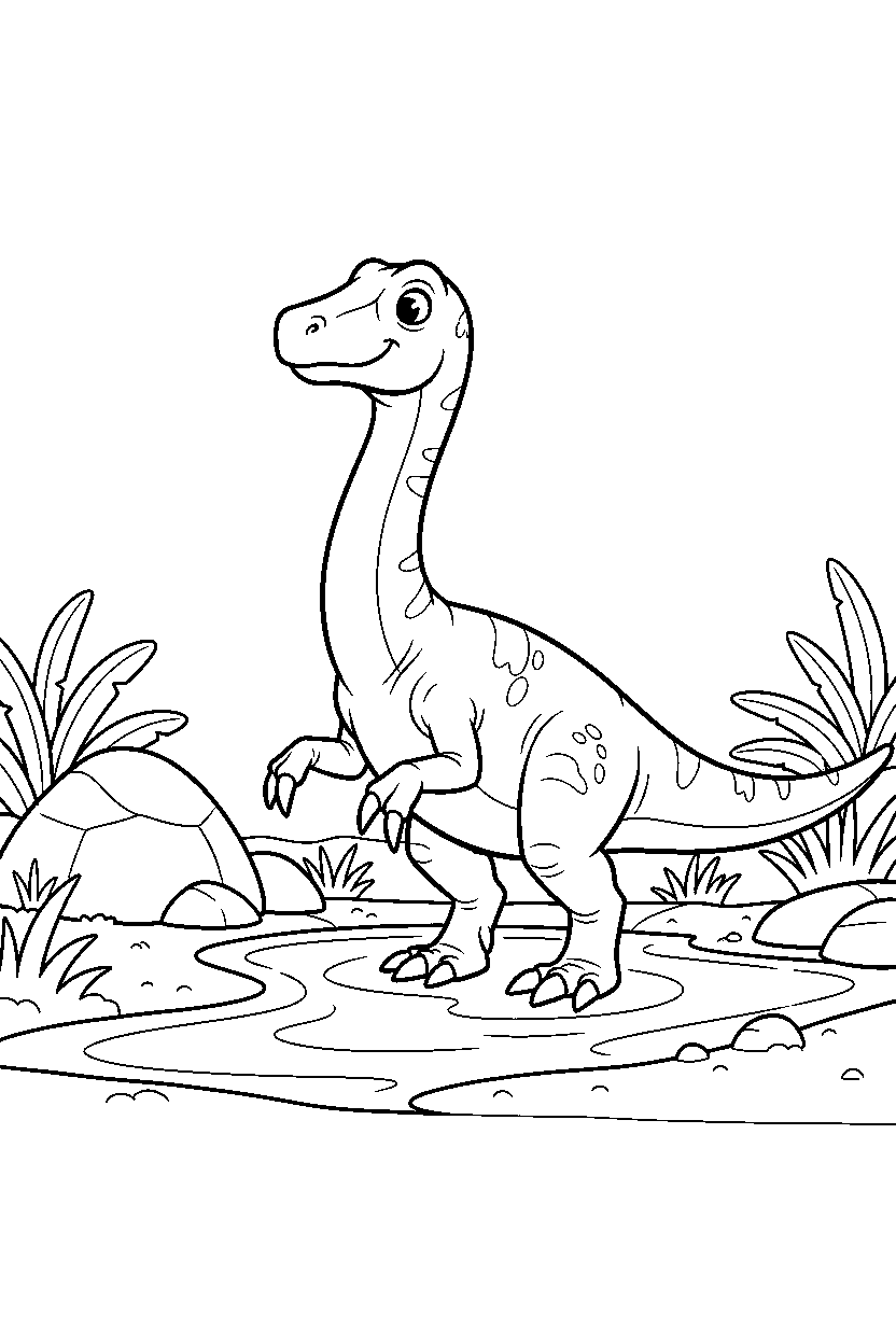 therizinosaurus looking around curiously beside a shallow stream line art