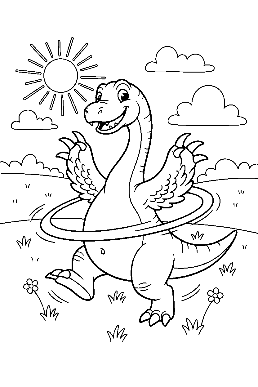 therizinosaurus spinning playfully in a sunny meadow line art