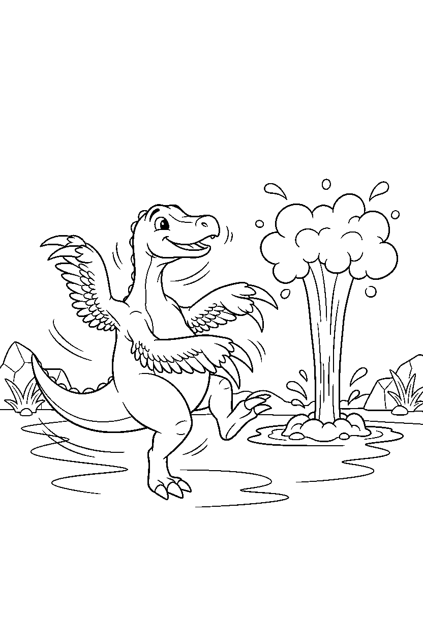 therizinosaurus spinning playfully near a bubbling geyser line art