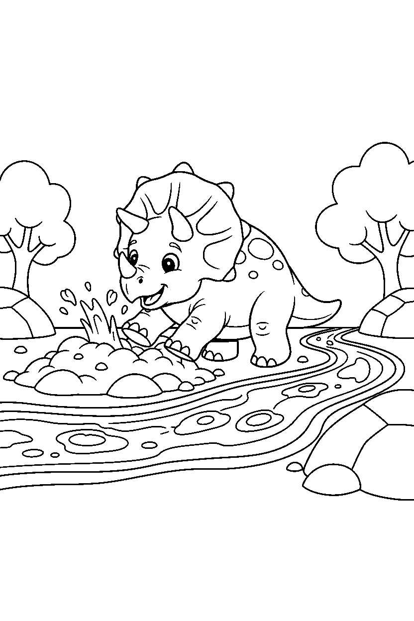 triceratops digging the ground near a lava stream line art