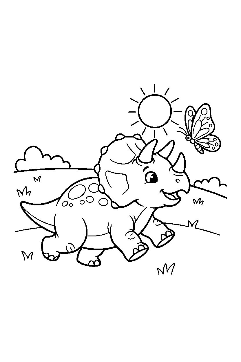 triceratops dinosaur chasing a butterfly near a grassy hill line art