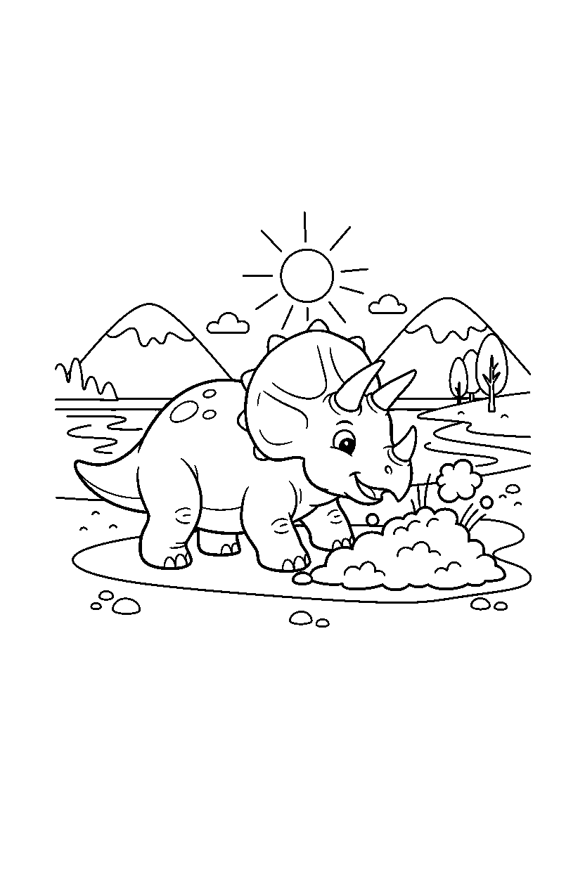 triceratops dinosaur digging the ground by a lake line art