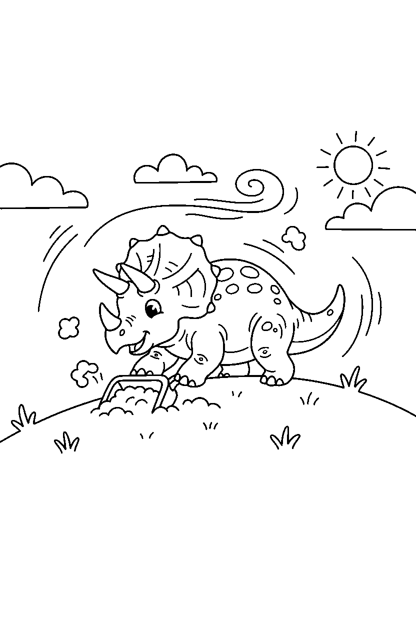 triceratops dinosaur digging the ground on a windy hill line art