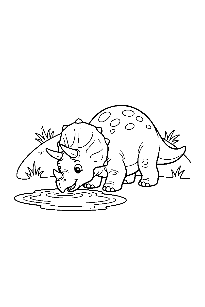 triceratops dinosaur drinking water near a grassy hill line art