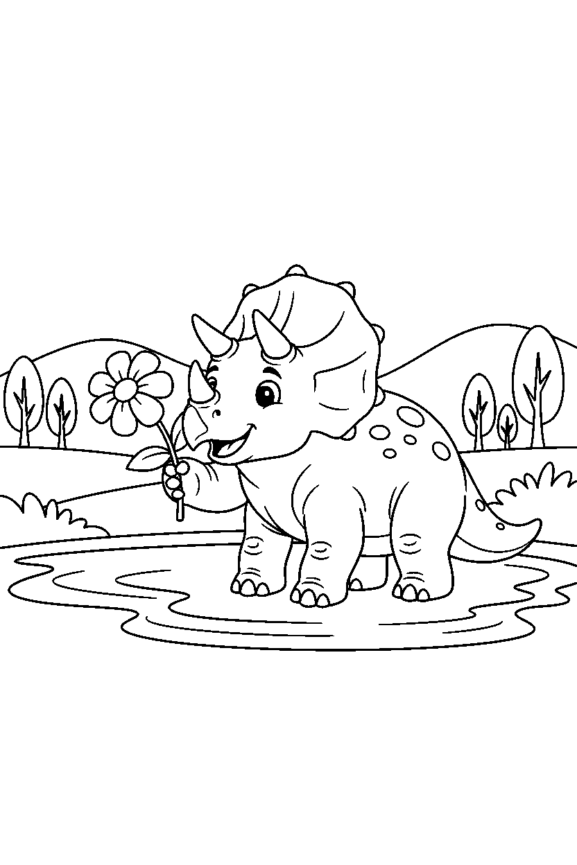 triceratops dinosaur holding a flower by a lake line art