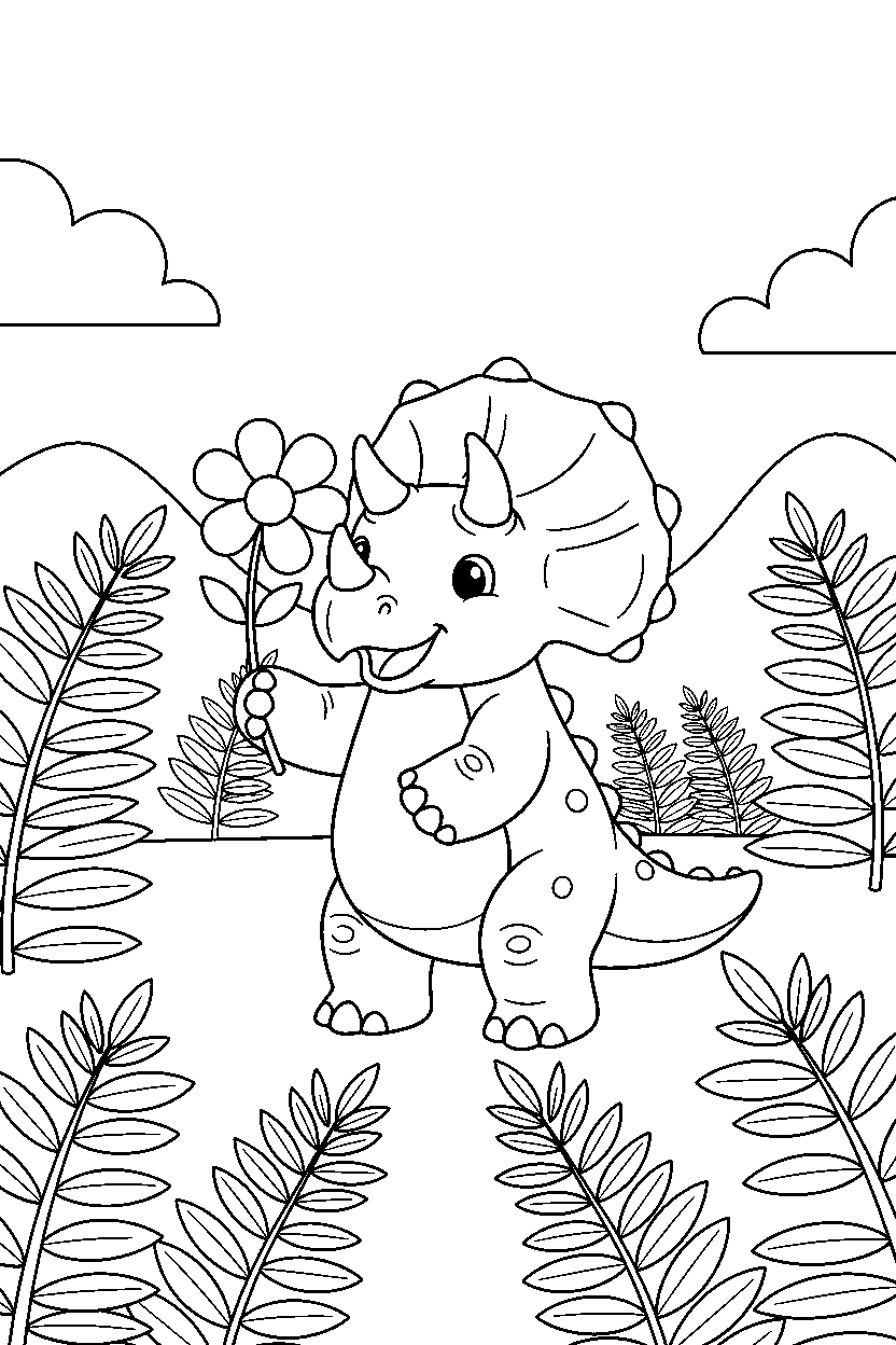 triceratops dinosaur holding a flower inside a fern valley line art