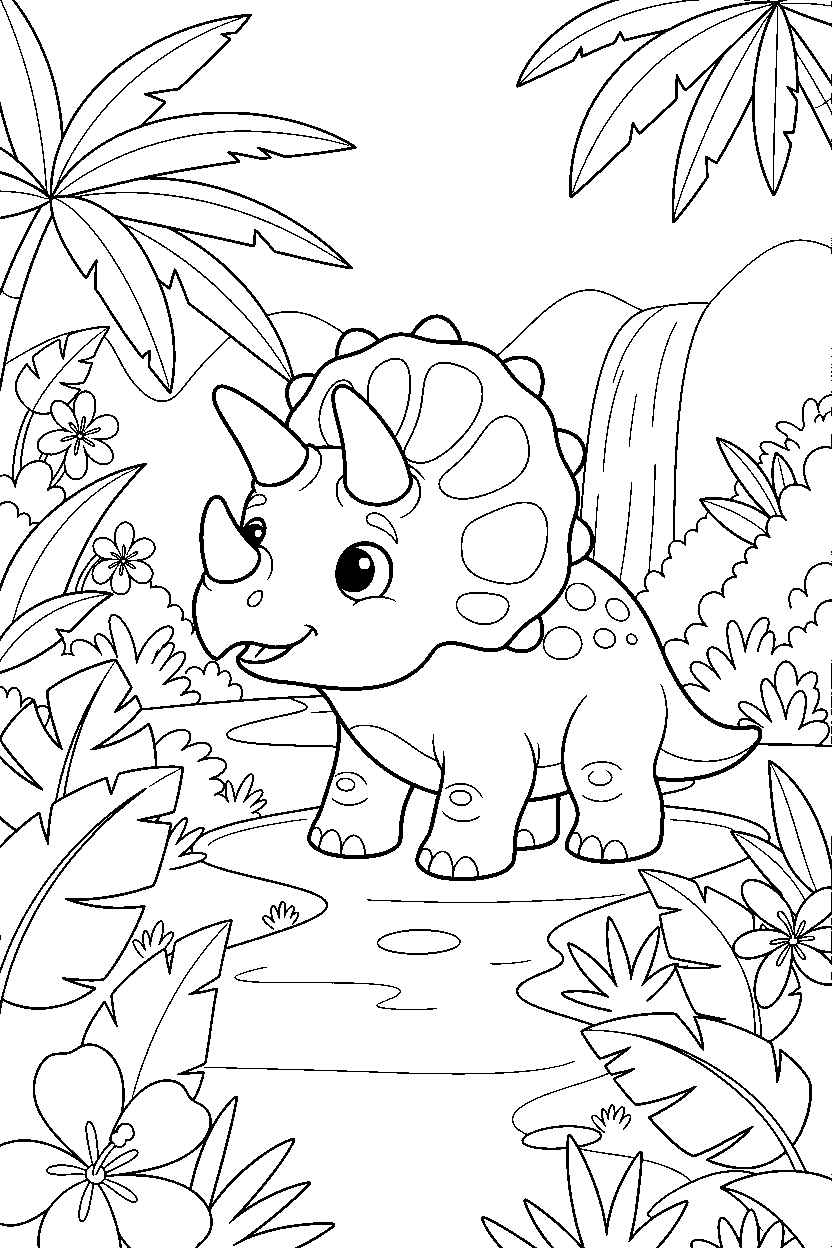 triceratops dinosaur looking around curiously on a jungle trail line art