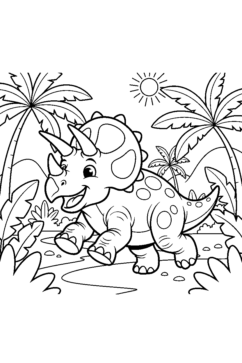 triceratops dinosaur running happily in a lush valley line art