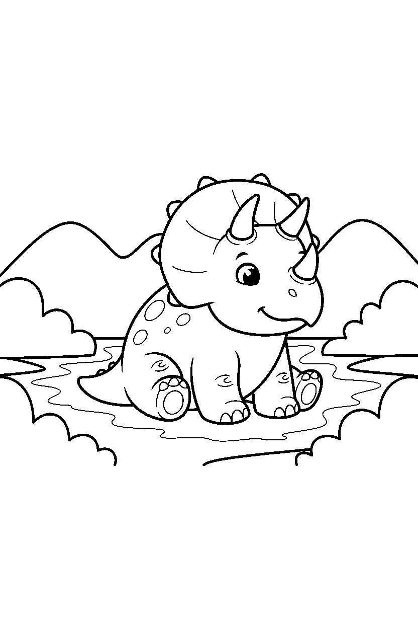 triceratops dinosaur sitting calmly by a river line art