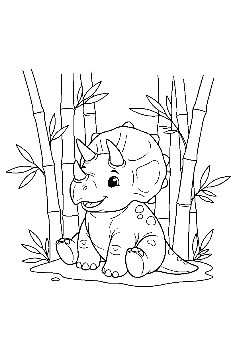 triceratops dinosaur sitting calmly in a bamboo forest line art