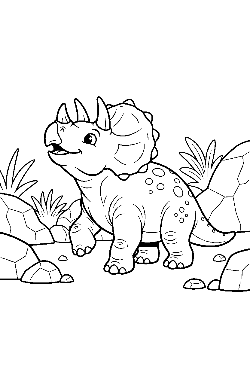 triceratops dinosaur sniffing the air in a rocky field line art