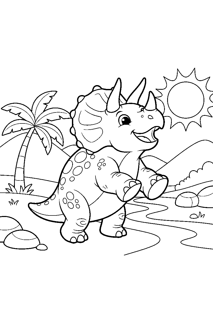 triceratops dinosaur stomping playfully in a warm prehistoric valley line art
