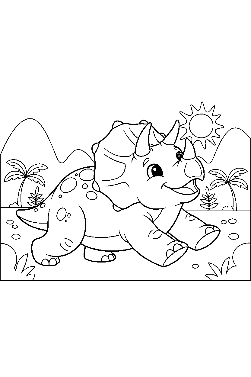 triceratops dinosaur stretching playfully in a warm prehistoric valley line art