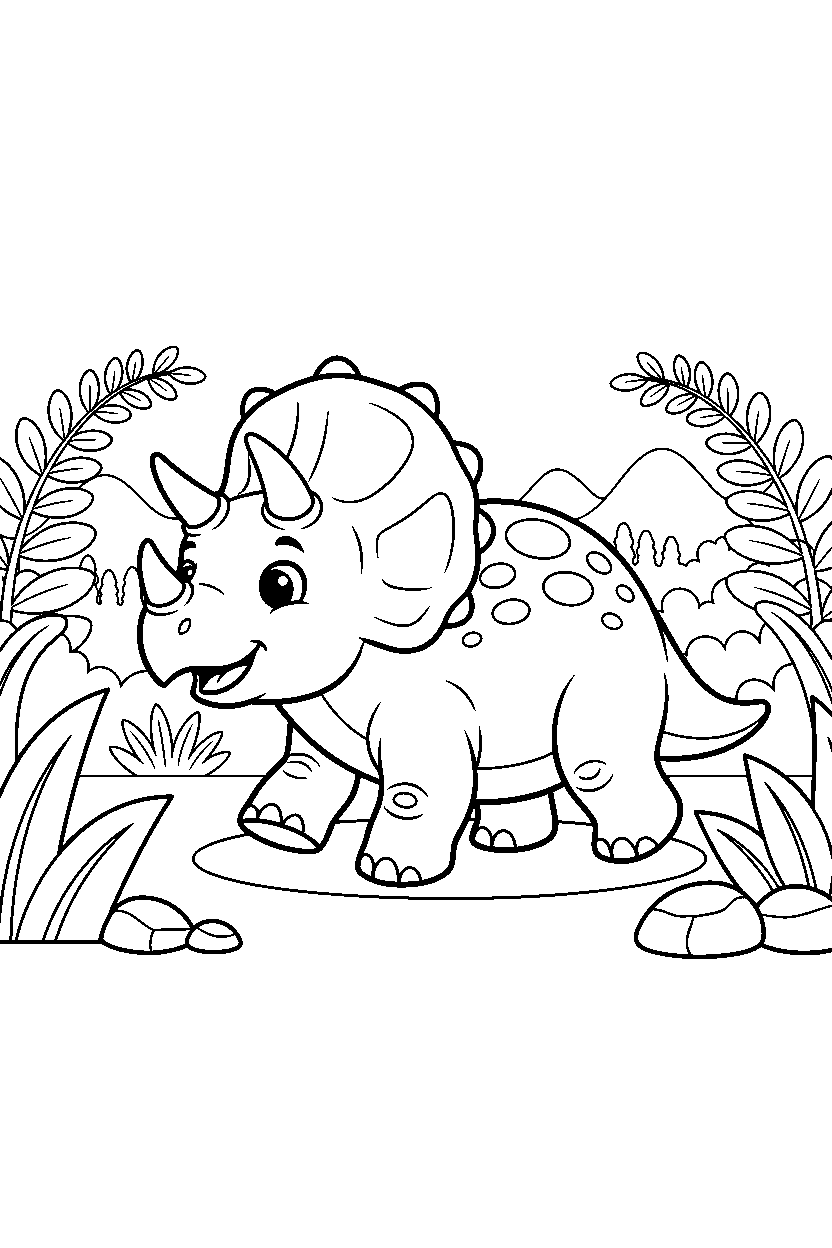 triceratops dinosaur walking happily inside a fern valley line art