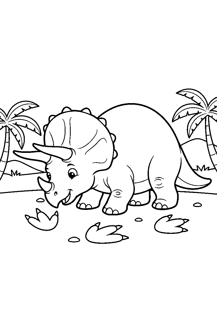 triceratops dinosaur wandering curiously near dinosaur footprints line art