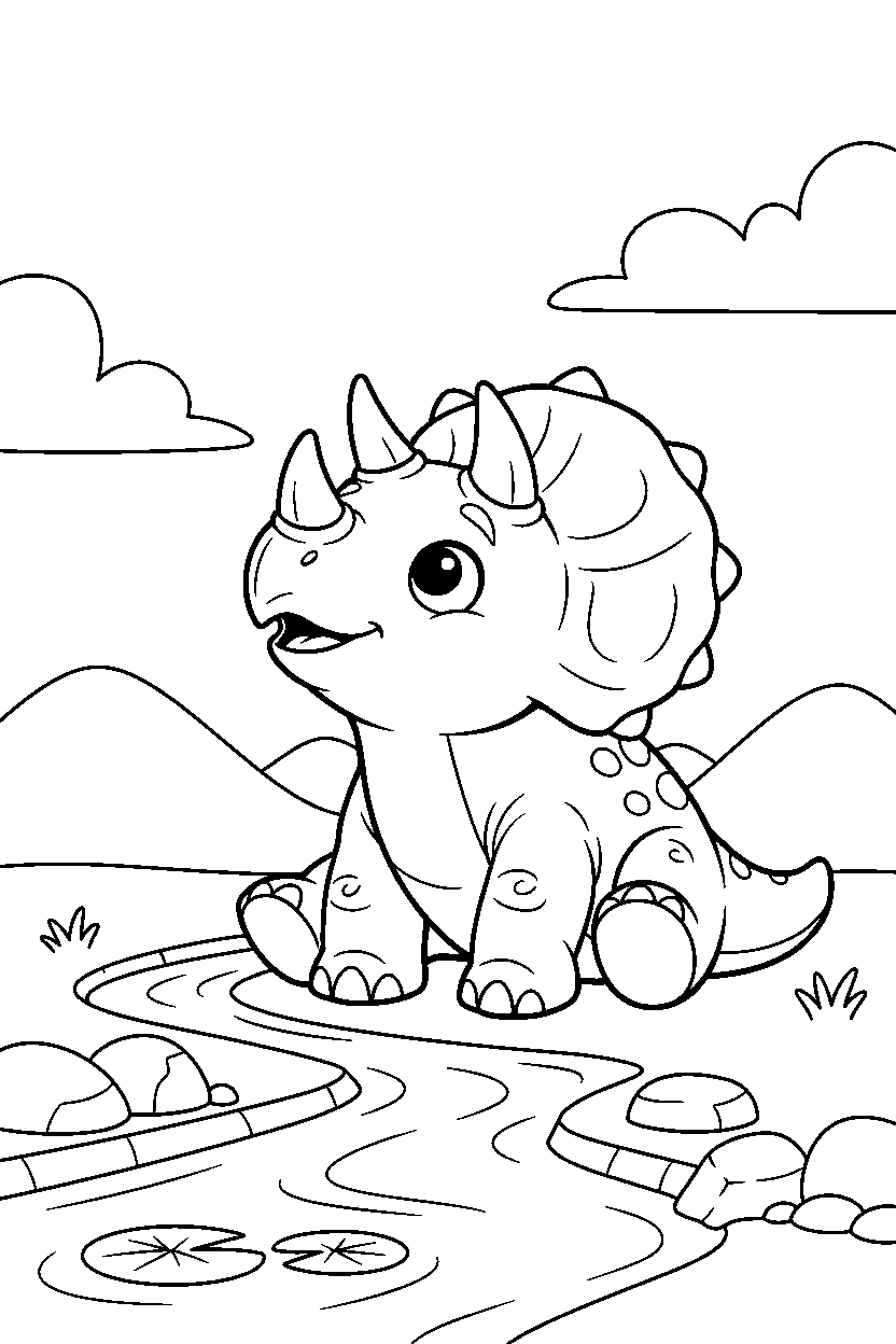 triceratops dinosaur watching the sky beside a shallow stream line art
