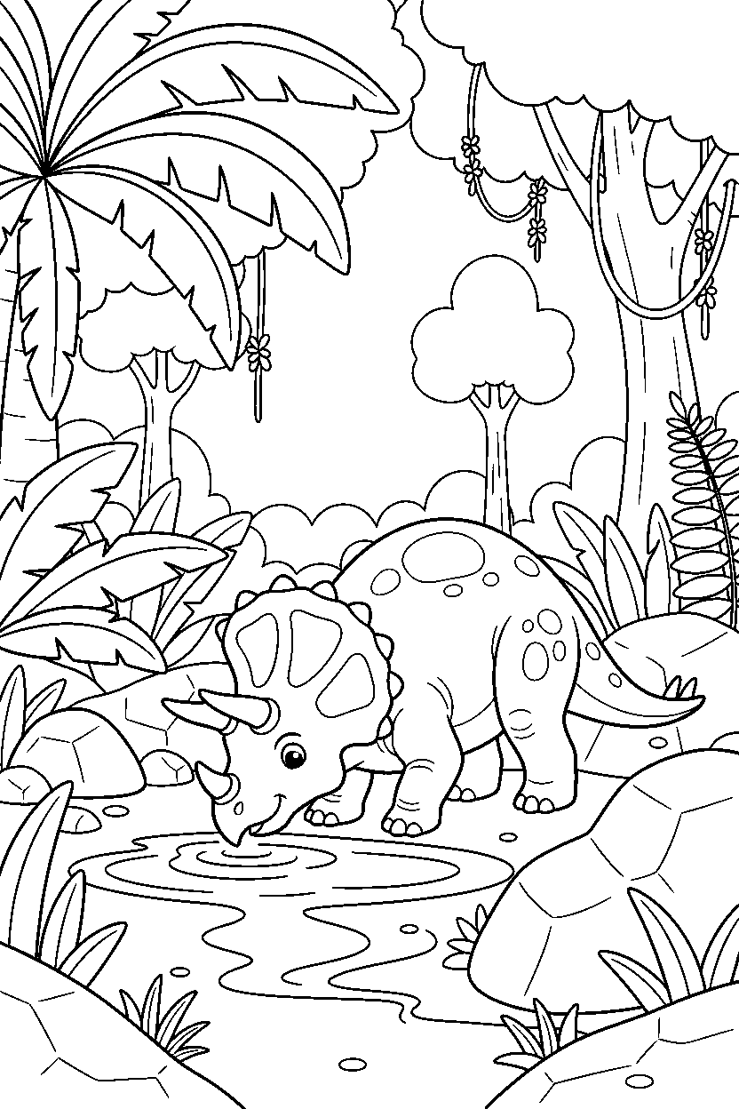 triceratops drinking water in a rainforest line art