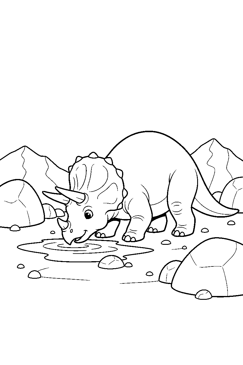 triceratops drinking water in a rocky field line art