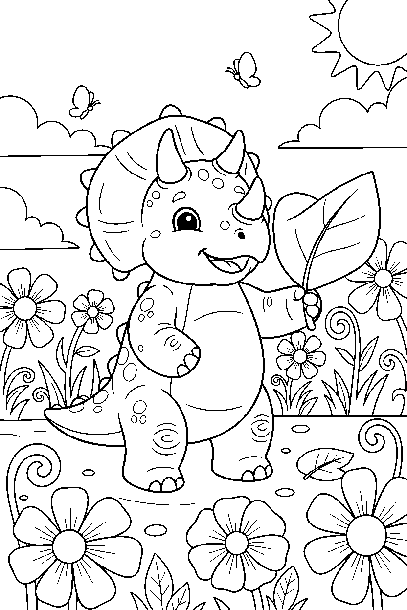 triceratops holding a leaf in a flower field line art