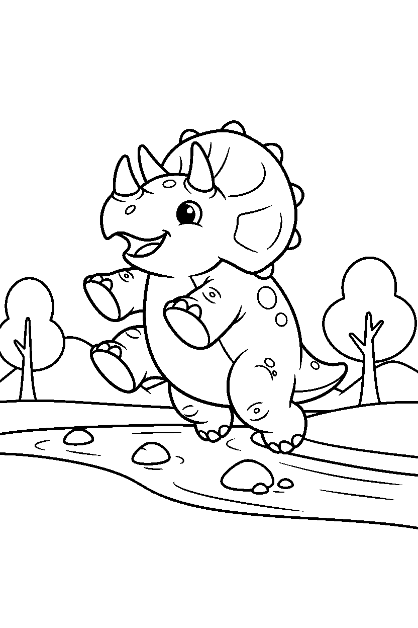 triceratops jumping playfully beside a shallow stream line art
