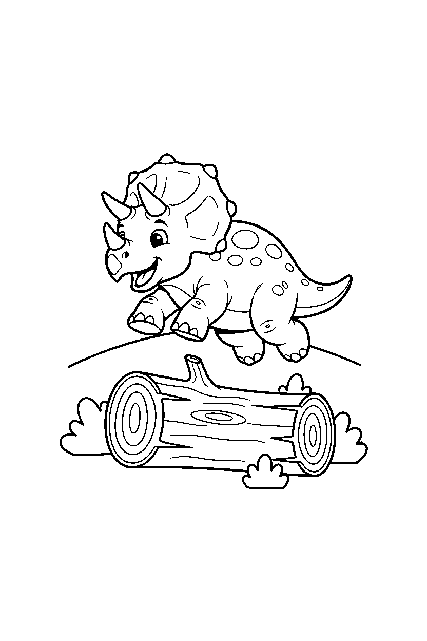 triceratops jumping playfully near a fallen log line art