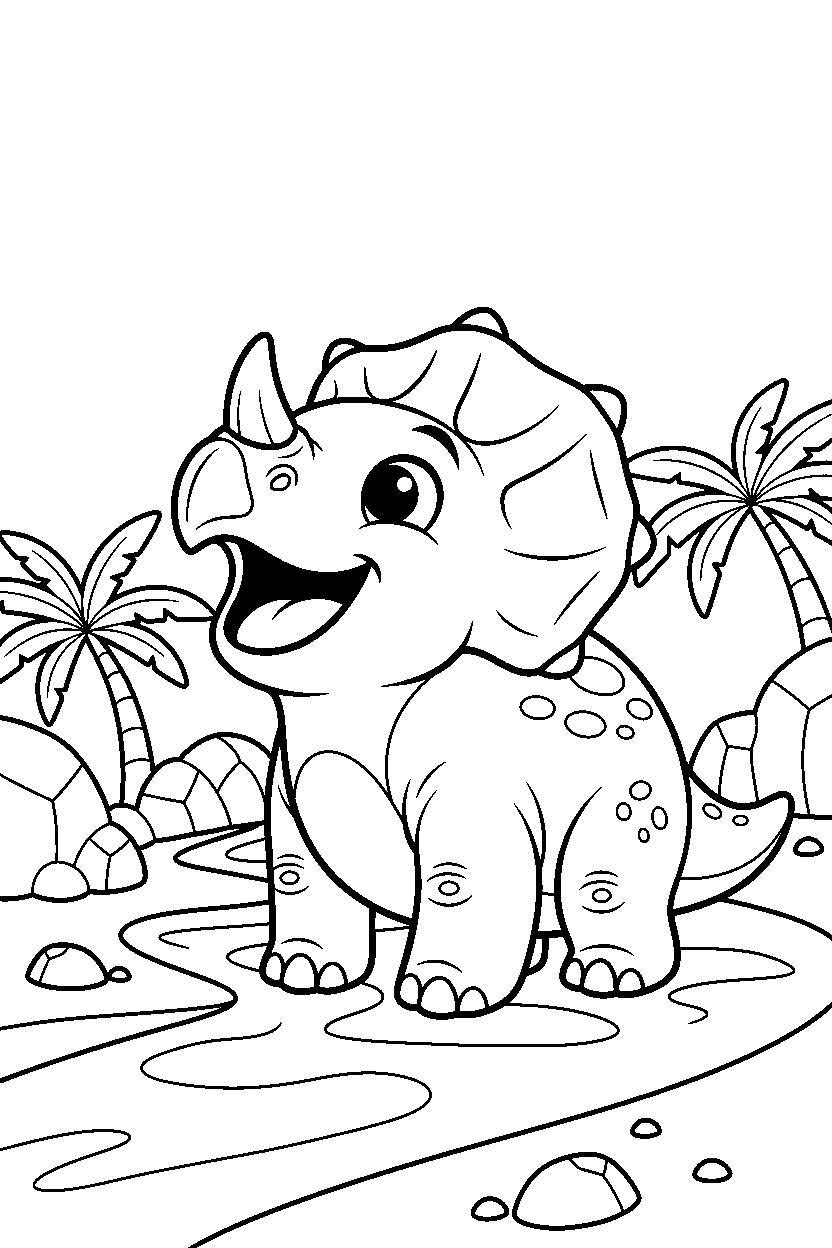 triceratops laughing playfully on a muddy trail line art
