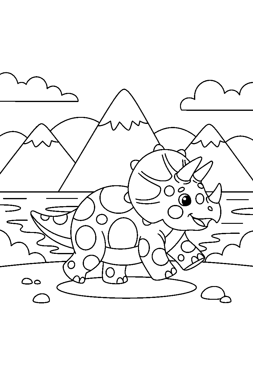 triceratops marching playfully near a mountain lake line art
