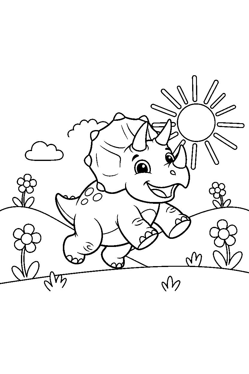 triceratops playing happily in a sunny meadow line art
