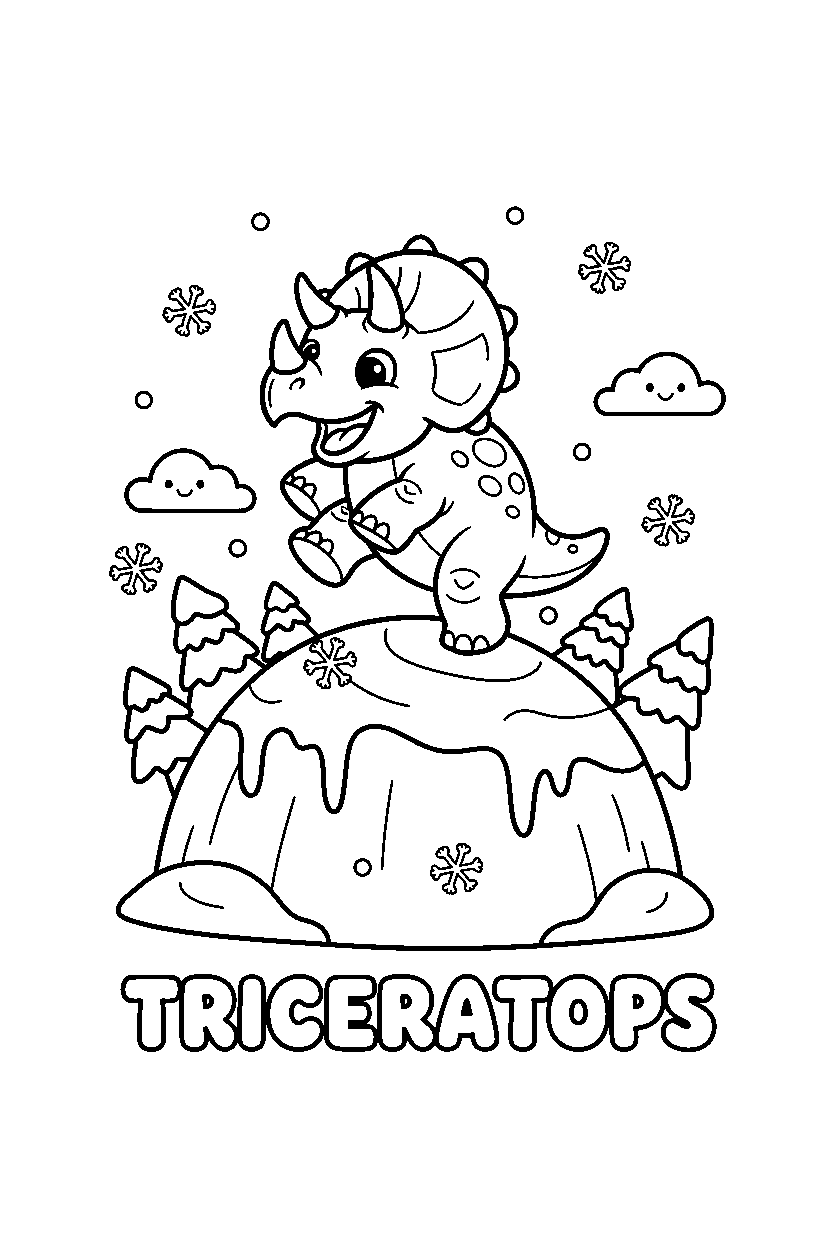 triceratops playing happily on an icy hill line art
