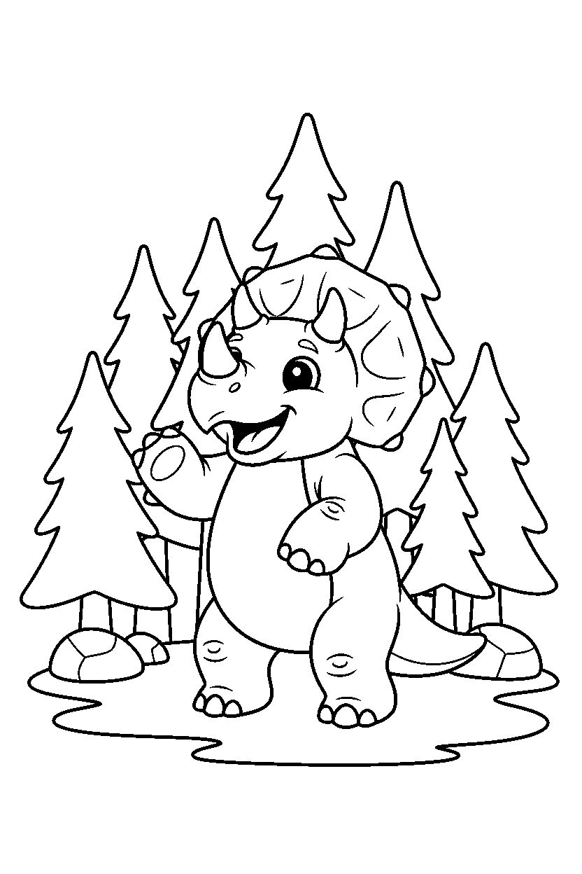 triceratops posing happily in a pine forest line art