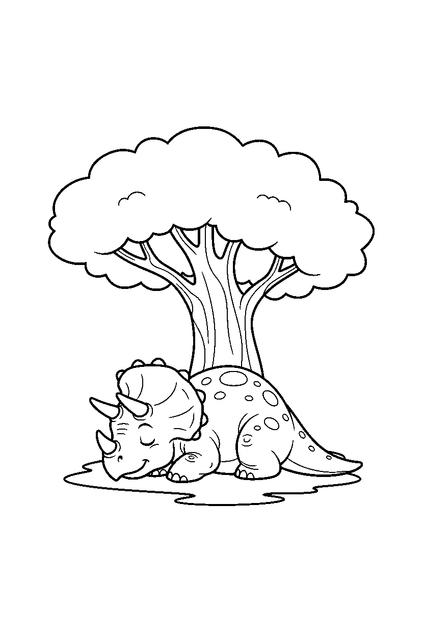 triceratops resting calmly near a big tree line art