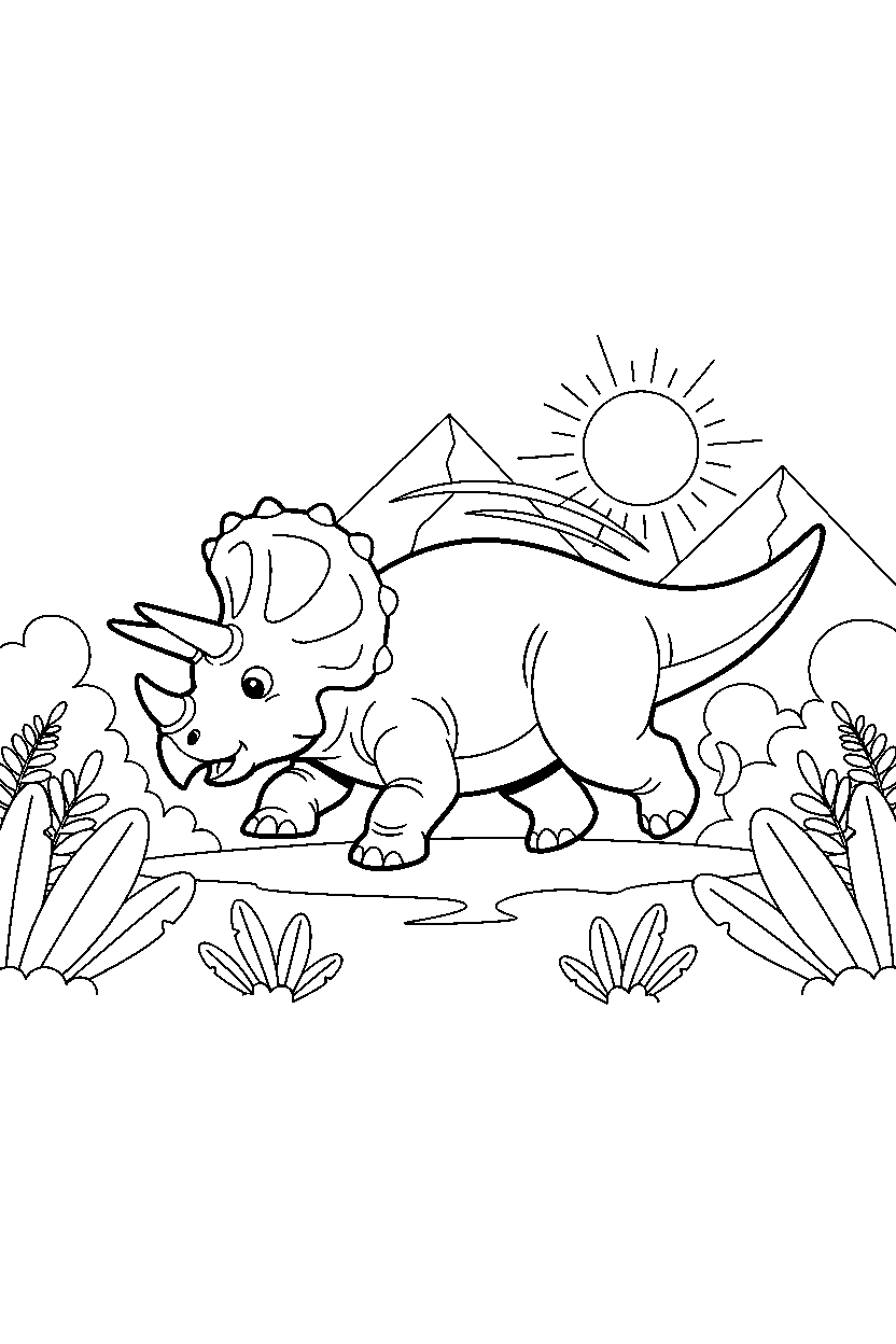 triceratops running from danger in a fern meadow line art