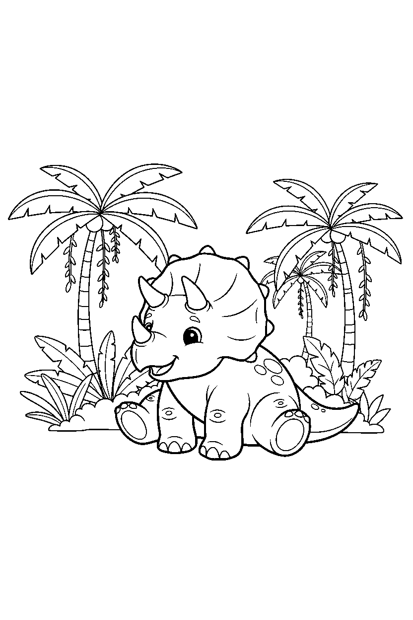 triceratops sitting calmly in a rainforest line art
