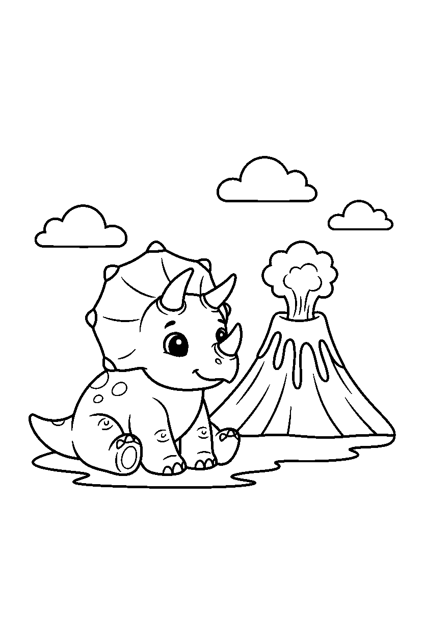 triceratops sitting calmly near a volcano line art