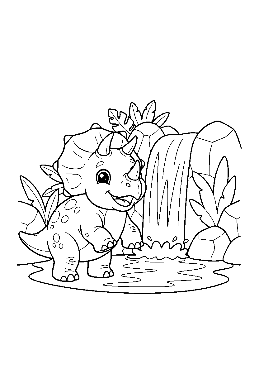triceratops smiling happily near a waterfall line art