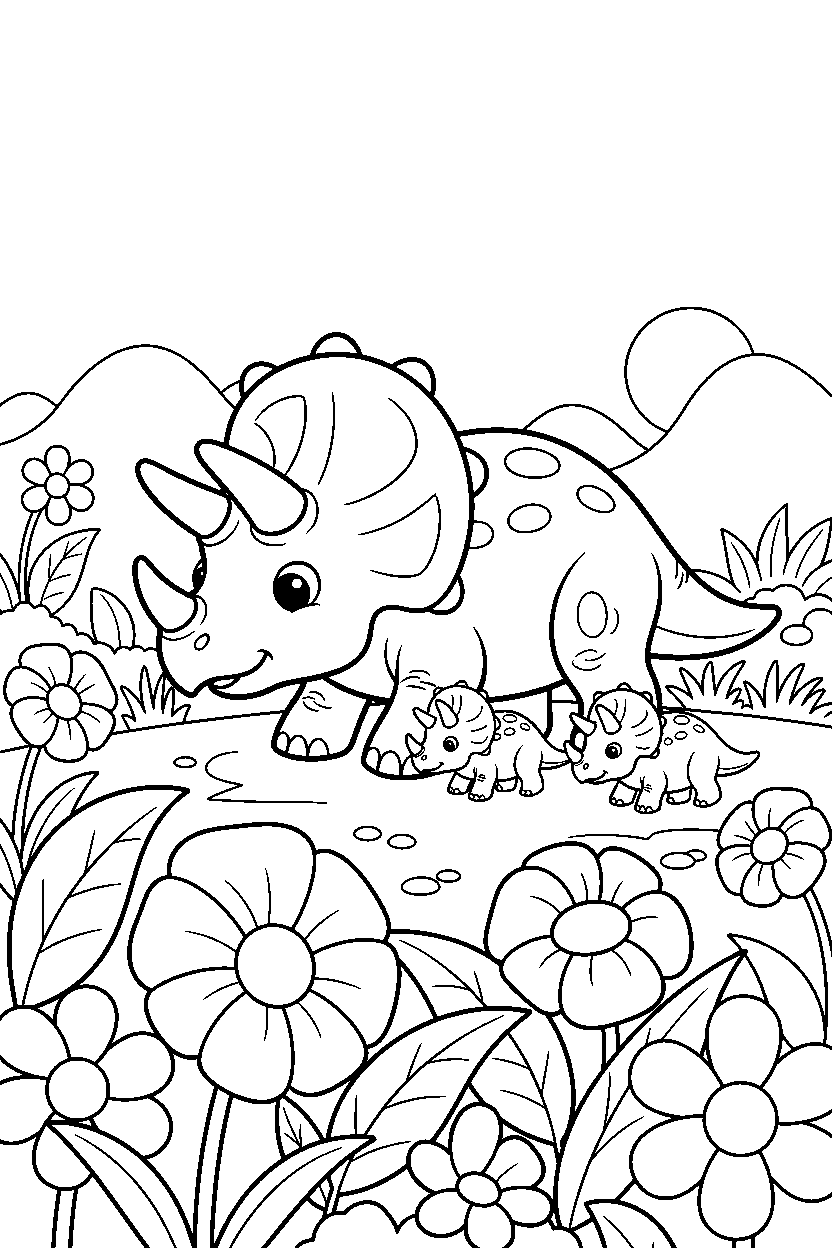 triceratops walking with baby dinos in a flower field line art